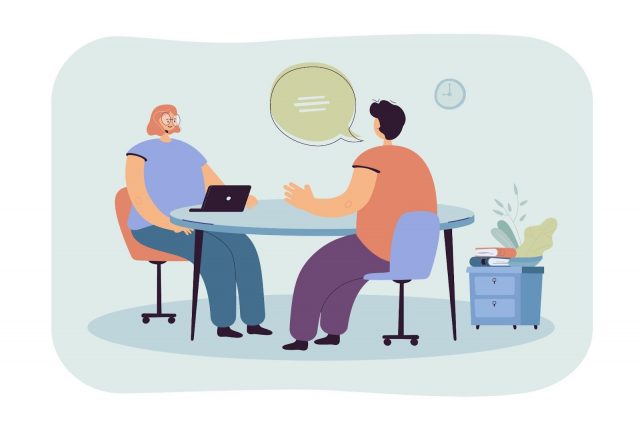 “Illustration of two people sitting at a table having a conversation, one using a laptop during a meeting or interview.”