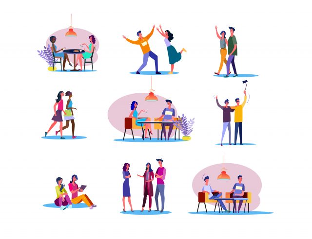 Diverse young adults interacting in various social settings