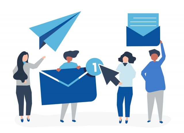 Flat illustration of four people holding oversized email icons, including envelopes, a paper plane, and a new message notification, symbolizing email communication.