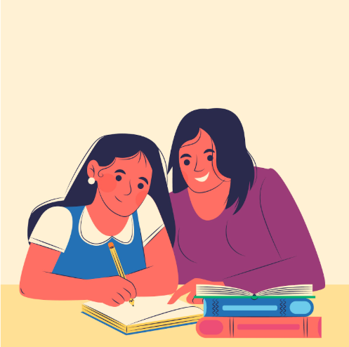 A woman helping a young girl with her homework, both smiling while writing in a notebook with books on the table.