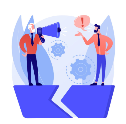 Illustration of two business professionals standing on opposite sides of a broken platform. One is shouting through a megaphone, while the other gestures with a hand raised, symbolizing communication and conflict.