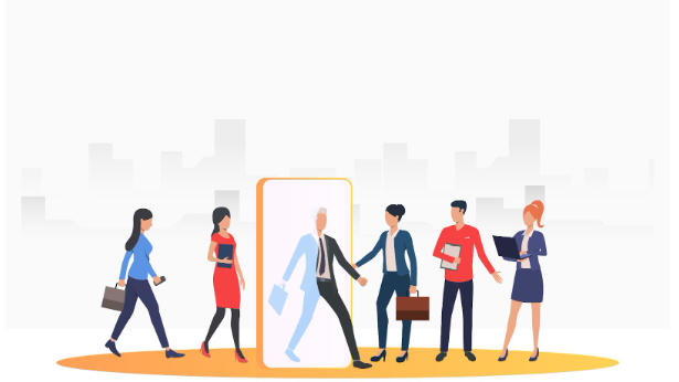Illustration of a group of business professionals in an urban setting. One person is walking through a digital portal, while the others, holding briefcases and laptops, are interacting or heading toward the portal. The scene conveys a sense of teamwork and modern business dynamics.