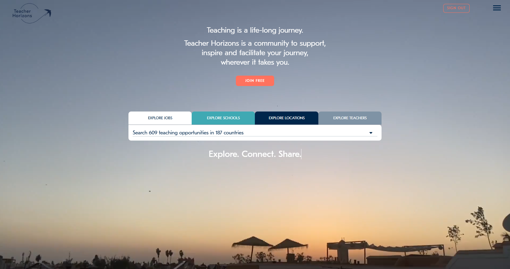 Homepage screenshot of the Teacher Horizons international school recruitment and placement platform.
