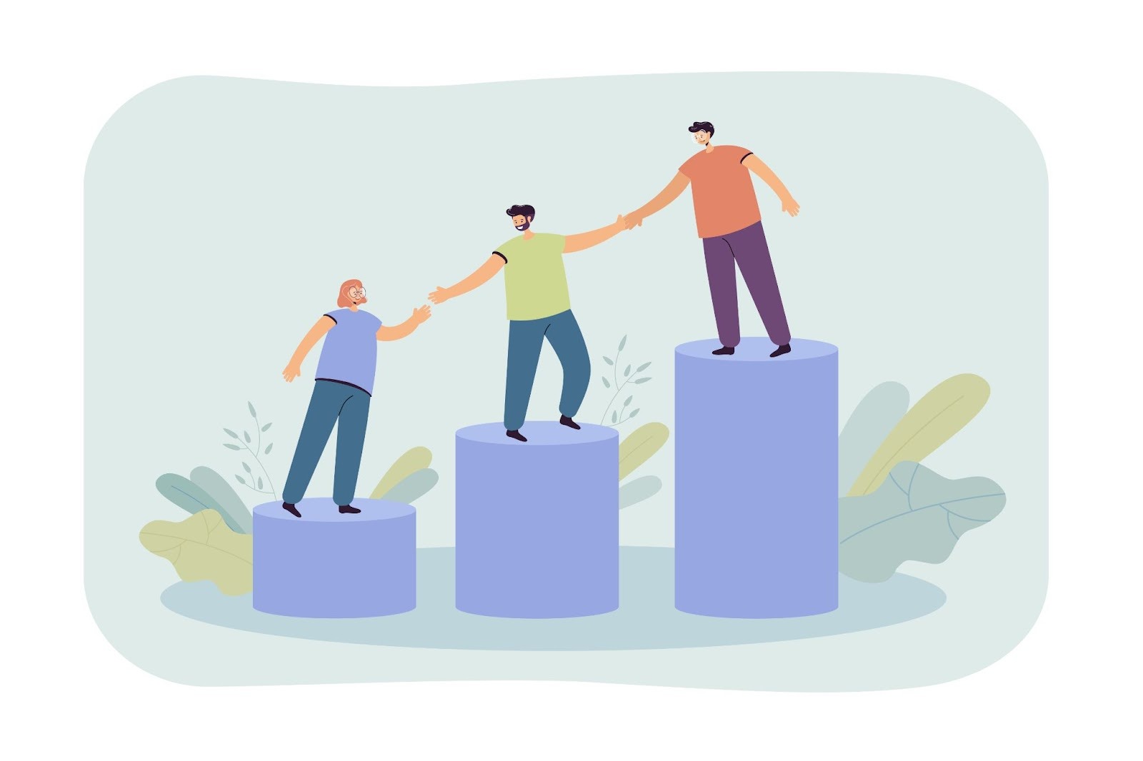 People helping each other on rising steps, representing teamwork and professional growth.