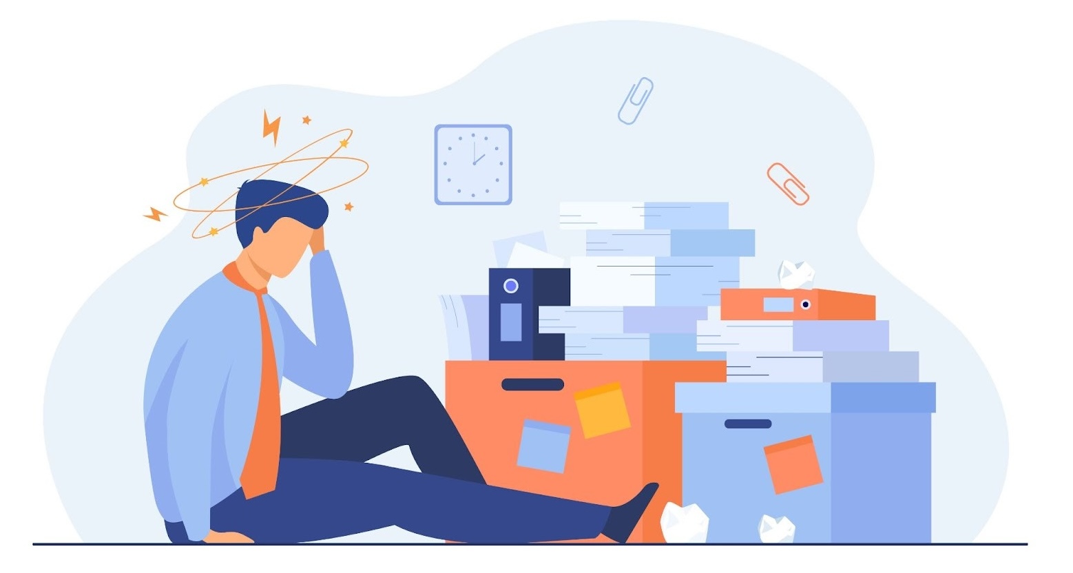 Stressed person overwhelmed by paperwork and workload.