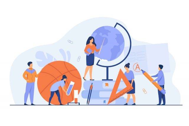 Illustration of teachers and students collaborating around a globe, representing international education.