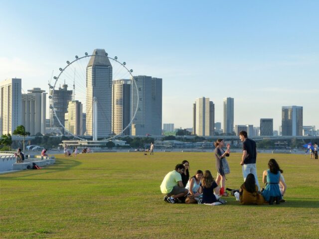 People relaxing on grass, city skyline.