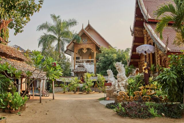 Traditional Thai architecture in serene garden