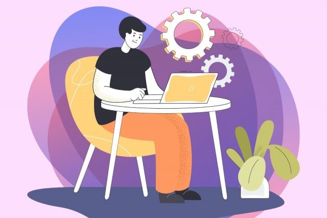 Illustration of a teacher working on a laptop, representing online teaching and professional development.