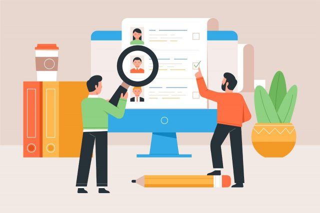 Illustration of recruiters reviewing CV profiles on a computer screen.