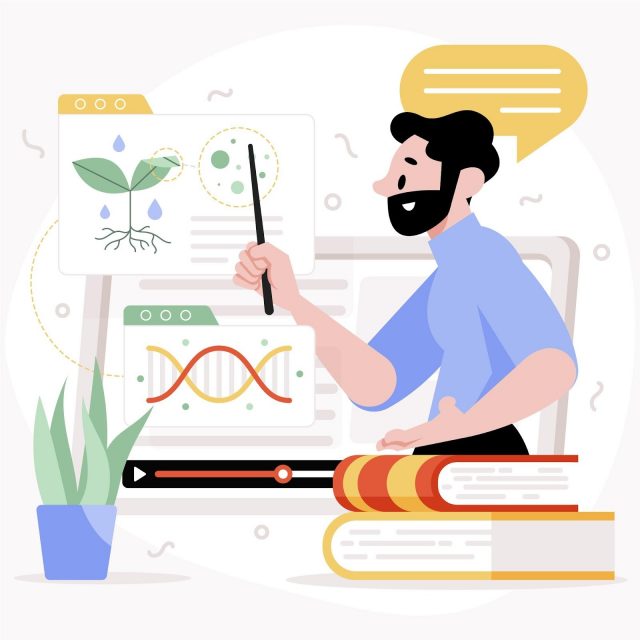 Illustration of a teacher explaining a lesson online using visual charts, educational graphics, and digital teaching tools