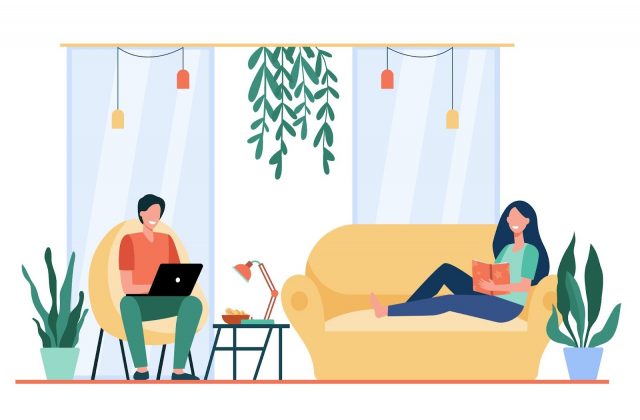 Illustration of two people working and reading at home in a comfortable living room setting