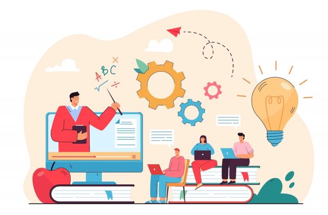 Illustration of online learning with a teacher on a computer screen and students studying on laptops surrounded by books, gears, and a lightbulb.