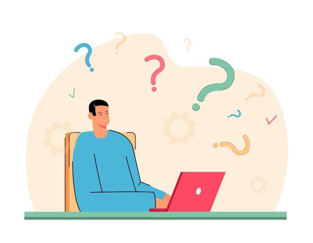 Illustration of a man sitting at a desk using a laptop with colorful question marks floating above his head, symbolizing confusion, problem-solving, or decision-making.