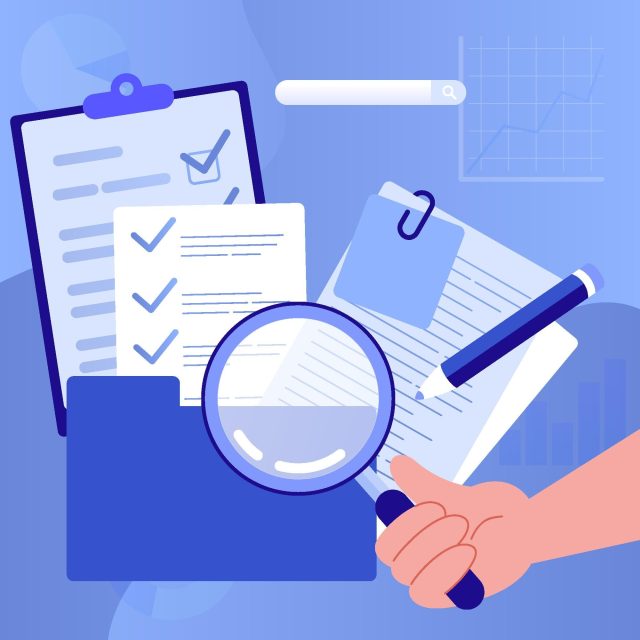 Vector illustration representing the document attestation process, featuring a checklist, magnifying glass, and a pen.