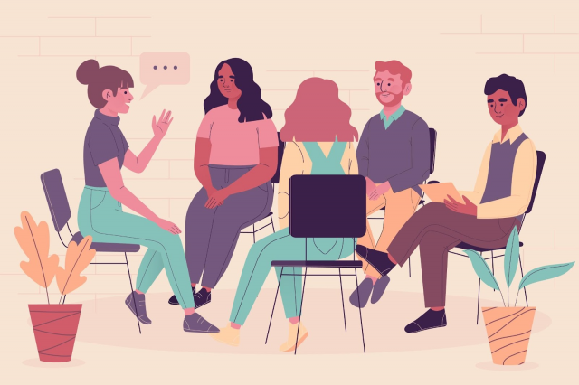 Diverse group of people in a therapy or group meeting discussing communication, teamwork, and business strategy.