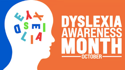 Silhouette of a head filled with colorful jumbled letters and text reading “Dyslexia Awareness Month – October,” promoting global awareness of dyslexia.