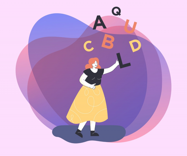 Illustration of a woman reaching for floating letters on a colorful abstract background, symbolizing dyslexia and learning differences.