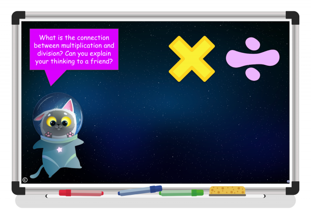 A cartoon whiteboard with a starry background, featuring a space-themed raccoon and a pink speech bubble asking about the connection between multiplication and division. Large multiplication and division symbols are on the right, with colorful markers and an eraser at the bottom.