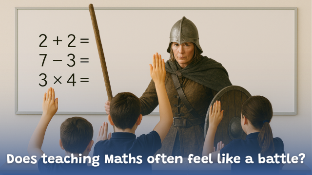 “Teacher dressed as a medieval warrior standing in front of a whiteboard with math problems while students raise their hands.”