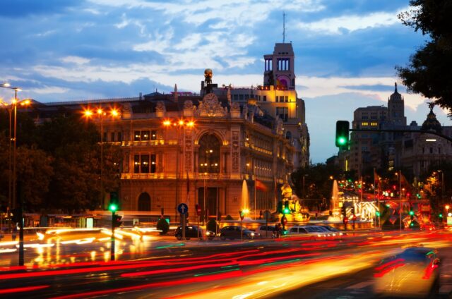 City street in Spain with traffic lights