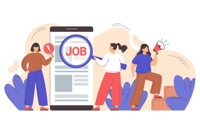 Vector illustration of job applicants searching for international teaching positions.