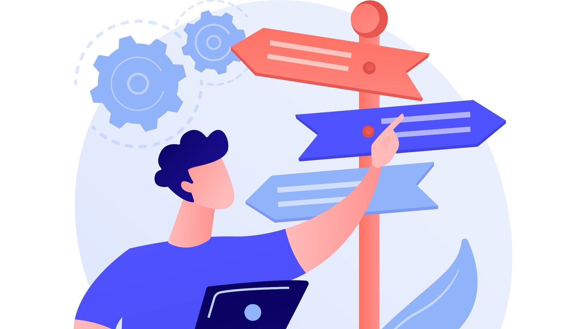 Illustration of a teacher holding a tablet and pointing toward directional signs for career opportunities.