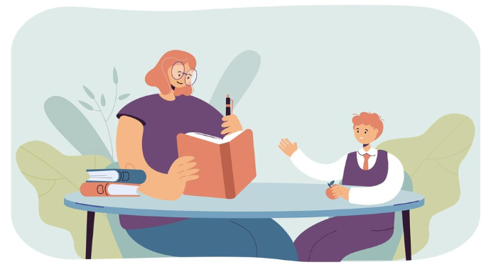 An educational vector graphic depicting a teacher embracing her students, illustrating the soft skills of empathy, connection, and kindness in teaching.