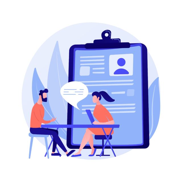 Illustration of job applicants undergoing an online interview in front of a giant resume profile.
