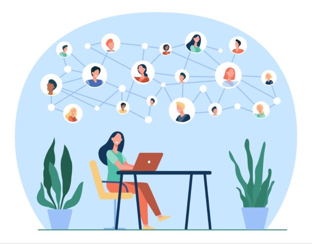Illustration of a woman sitting at a laptop connected to a global digital network of professional profile avatars.