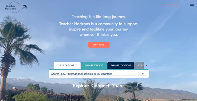 Teacher Horizons website homepage showing an international school recruitment platform.