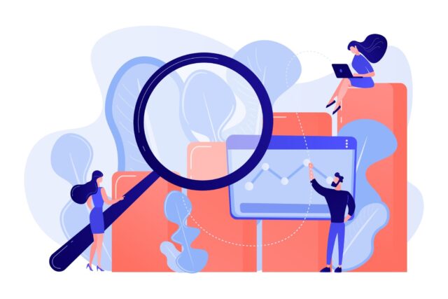 People analysing data with magnifying glass