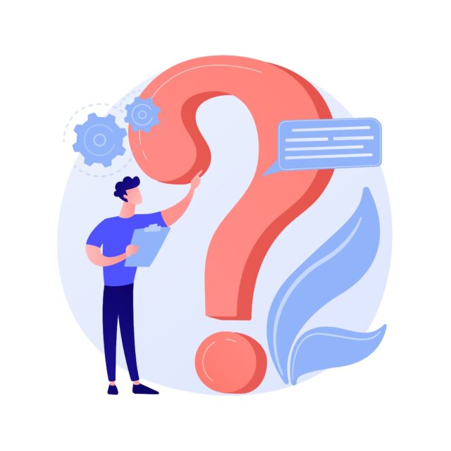 Vector illustration of a person holding a clipboard next to a large red question mark, gears, and text bubbles.