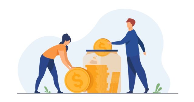 Flat vector illustration of two people putting gold coins into a glass jar