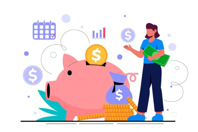 Person managing savings with piggy bank