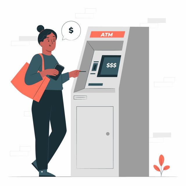 A woman using an ATM machine with a smartphone, holding a bag, and a dollar sign thought bubble above her head.