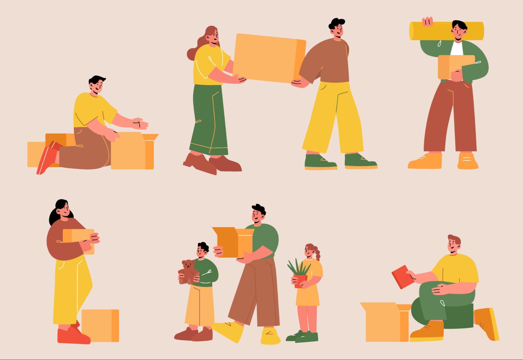 A flat vector illustration of people moving and packing cardboard boxes.