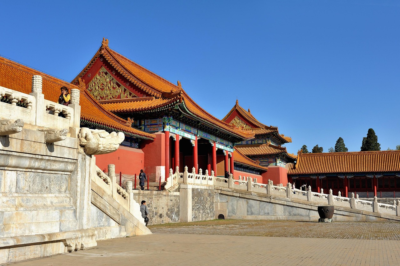 A grand view of the historic Imperial Palace complex in Beijing, featuring traditional ornate pavilions and stone staircases, representing the city's deep cultural heritage.
