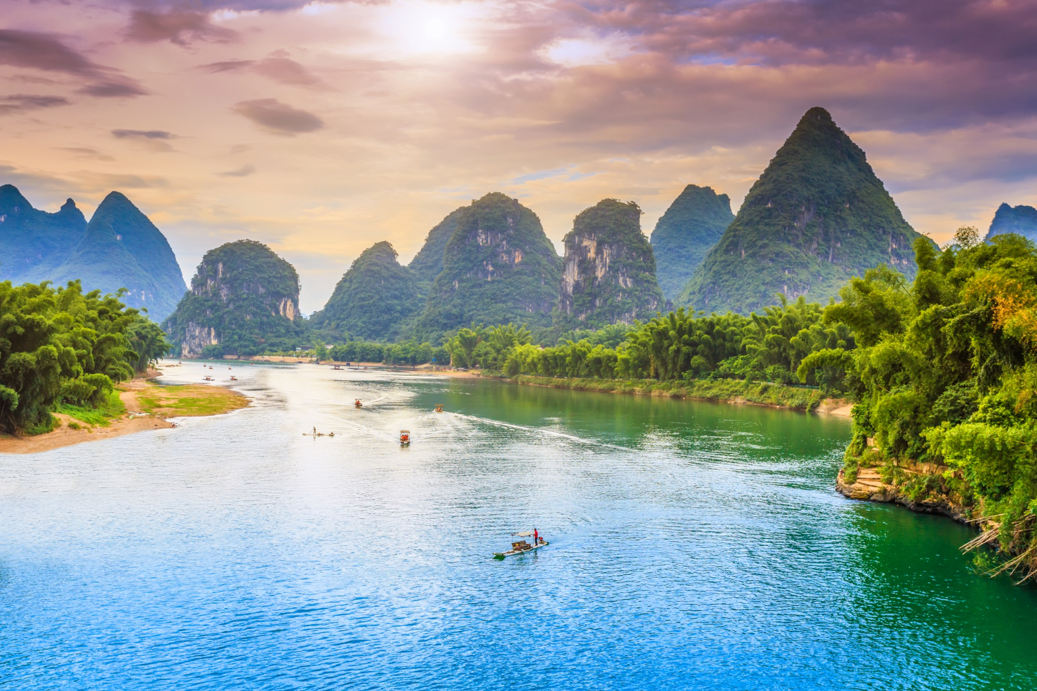 The iconic lush karst mountain landscape and river in Guilin, China.