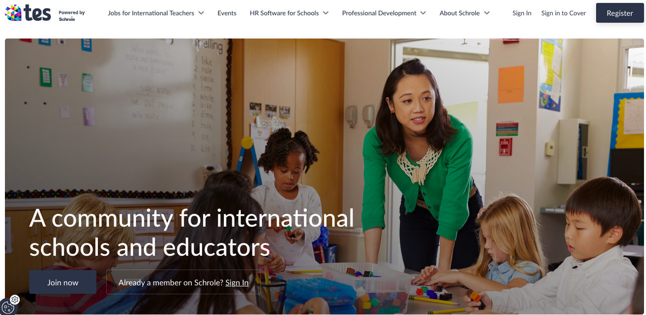 Homepage screenshot of the Schrole international school recruitment platform.