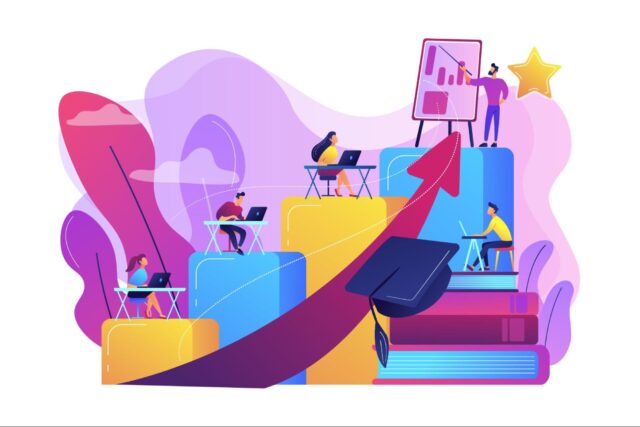 Flat vector illustration of professionals working around a large upward growth arrow