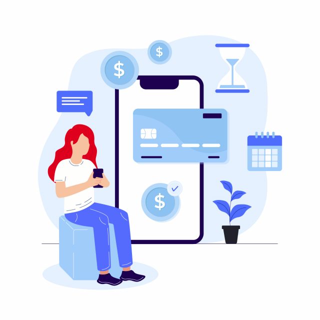 A woman sitting and using a smartphone for mobile banking with a credit card, coins, and a calendar in the background.
