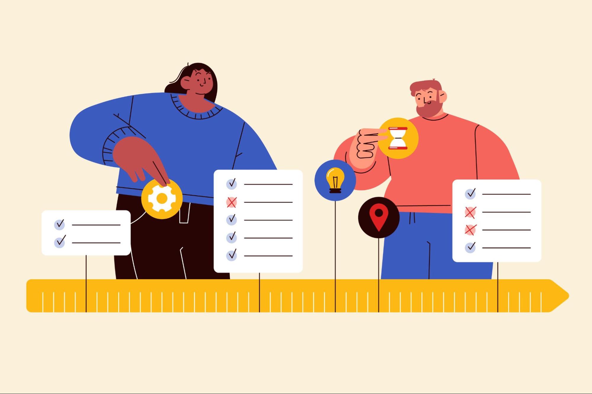 A conceptual illustration of two people evaluating different criteria, symbolizing a side-by-side comparison or decision-making process between two options.
