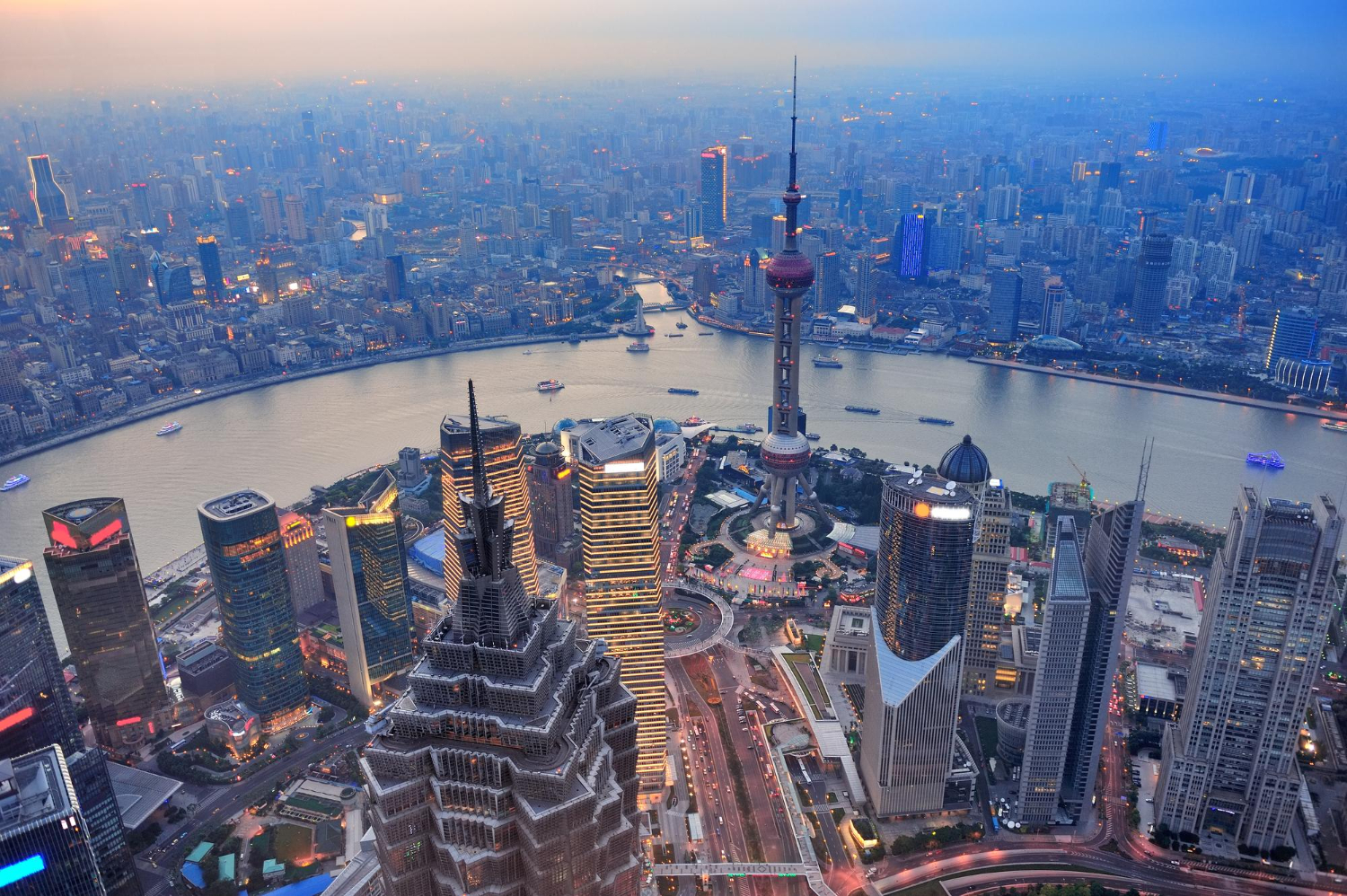 A breathtaking aerial view of the Shanghai city skyline and skyscrapers.