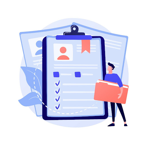 Illustration of a job applicant with a resume clipboard and folder.