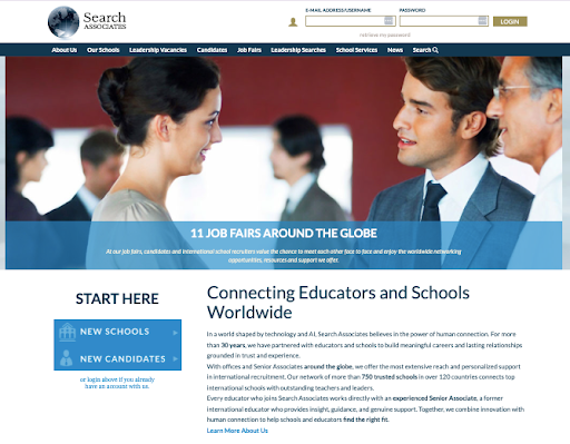 Homepage screenshot of the Search Associates international teacher recruitment platform.