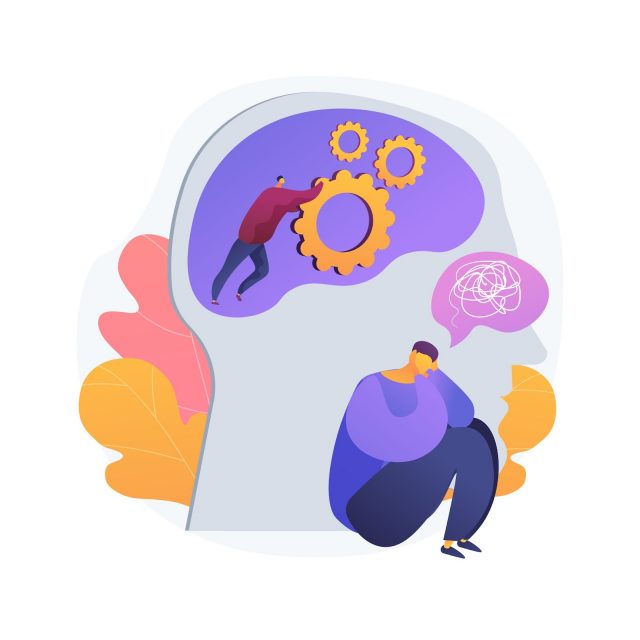 Human head with purple and yellow gears, symbolizing mental processes