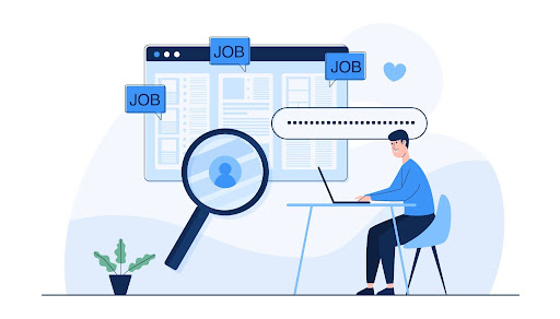 Illustration of a man searching for jobs online using a laptop.